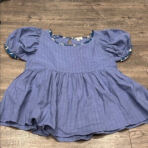 Umgee Navy Blouse with Patterned Trim Size Small Baby Doll Top